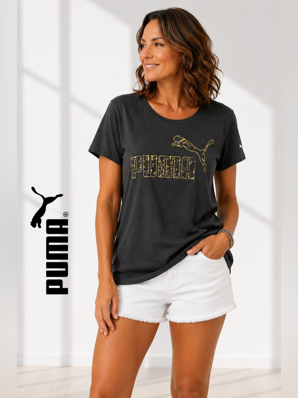 🖤 ✨ PUMA Women’s Black Graphic Logo T-Shirt Size Small Gold Silver Print
